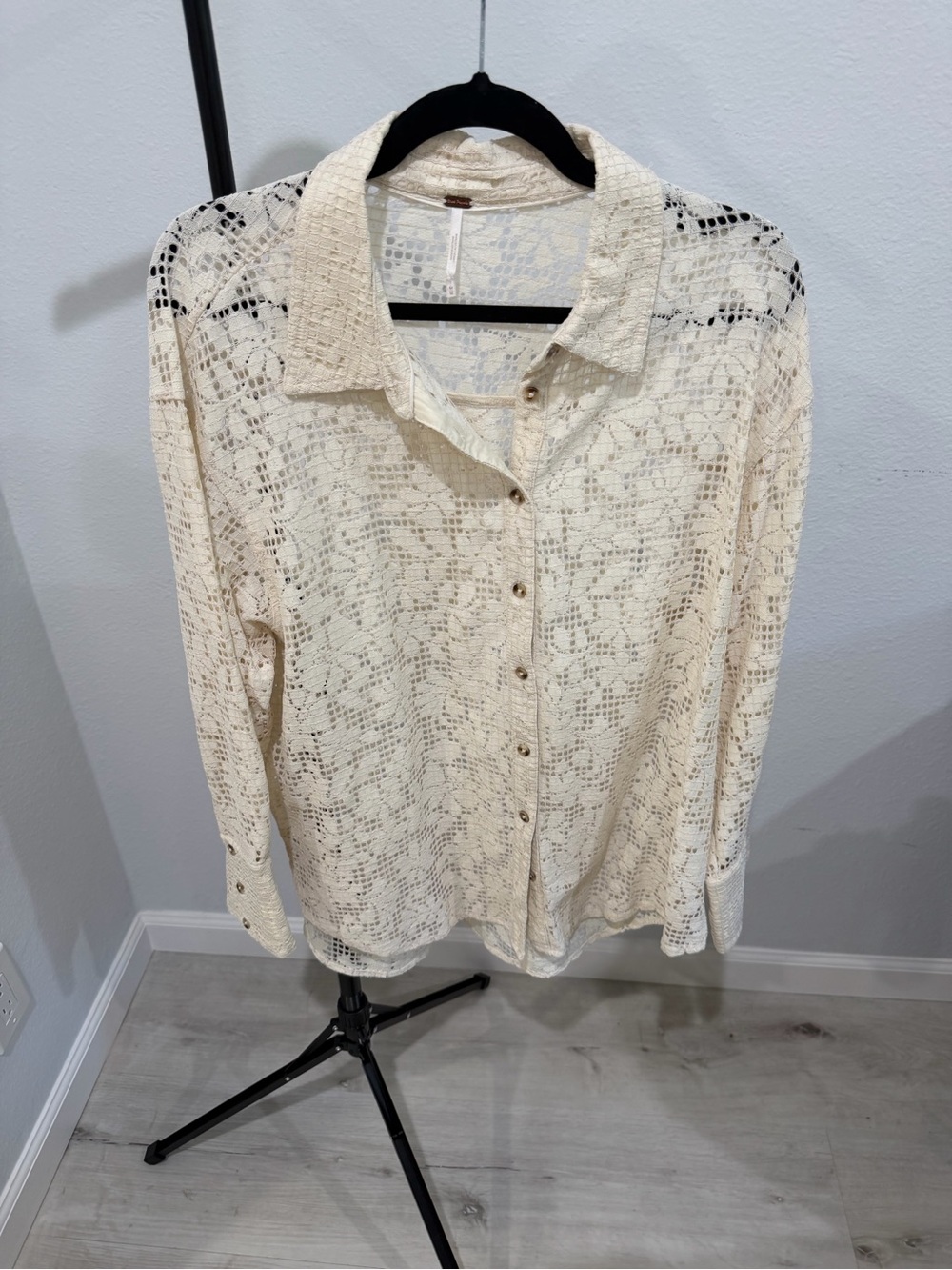 Free People Cream Crochet Button-Front Shirt